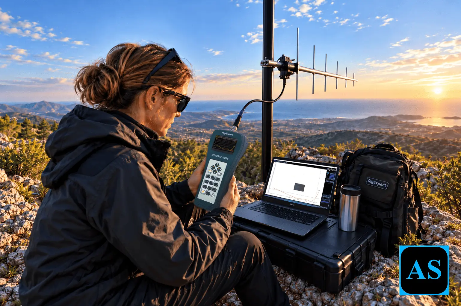 RigExpert antenna analyzer connected to an outdoor antenna during field measurements