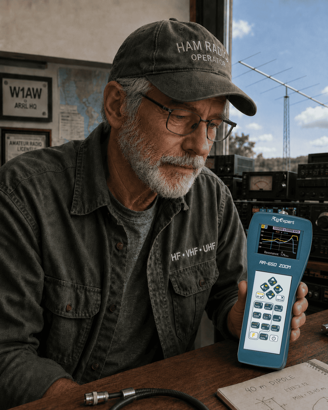 Ham radio operator using a RigExpert antenna analyzer